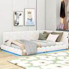 Cama nido de tamaño completo tapizada en tejido teddy blanco/rosa con luces LED y puertos USB, capacidad para 1 persona