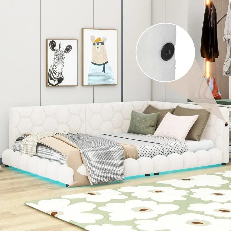 Cama nido de tamaño completo tapizada en tejido teddy blanco/rosa con luces LED y puertos USB, capacidad para 1 persona