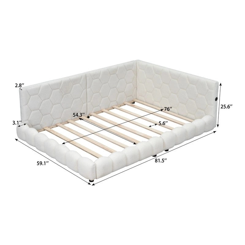 Cama nido de tamaño completo tapizada en tejido teddy blanco/rosa con luces LED y puertos USB, capacidad para 1 persona