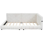 Cama nido de tamaño completo tapizada en tejido teddy blanco/rosa con luces LED y puertos USB, capacidad para 1 persona