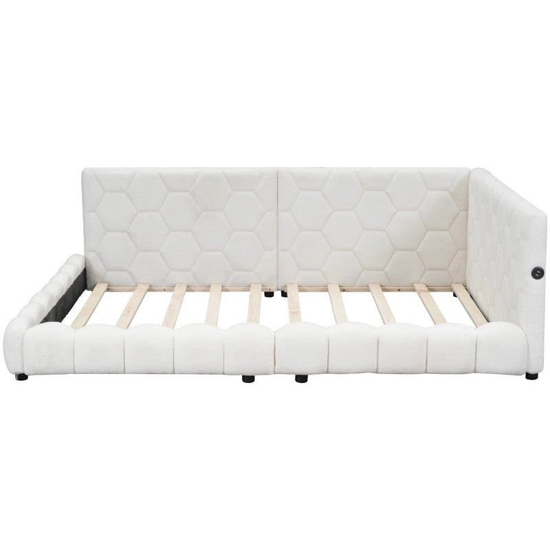 Cama nido de tamaño completo tapizada en tejido teddy blanco/rosa con luces LED y puertos USB, capacidad para 1 persona