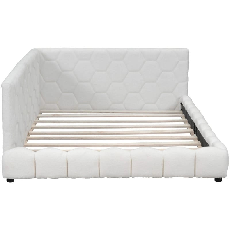 Cama nido de tamaño completo tapizada en tejido teddy blanco/rosa con luces LED y puertos USB, capacidad para 1 persona
