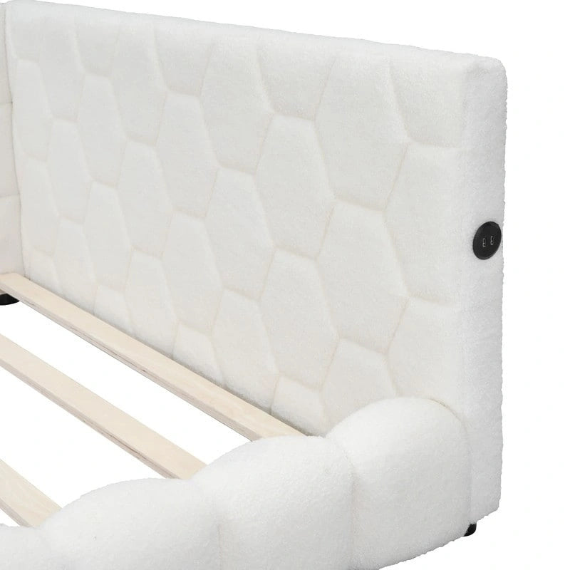 Cama nido de tamaño completo tapizada en tejido teddy blanco/rosa con luces LED y puertos USB, capacidad para 1 persona