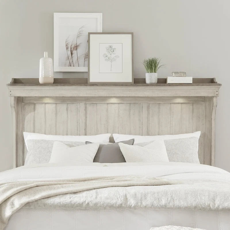 Cama King con paneles Lino envejecido y Taupe polvoriento