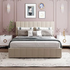 Cama Plataforma Beige Queen Tapizada con Almacenamiento Hidráulico, Capacidad para 2 Personas
