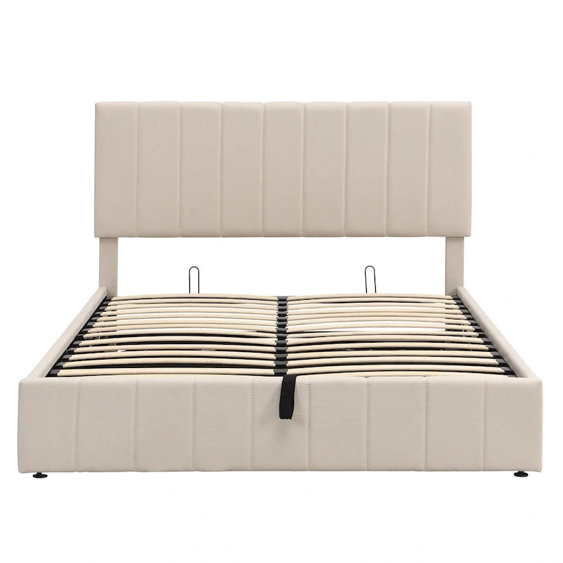 Cama Plataforma Beige Queen Tapizada con Almacenamiento Hidráulico, Capacidad para 2 Personas