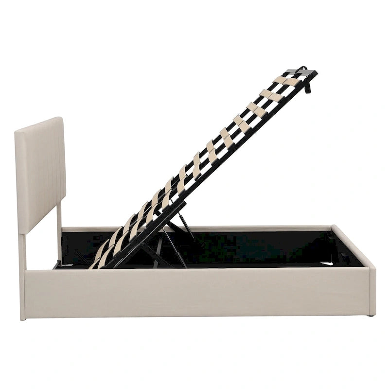 Cama Plataforma Beige Queen Tapizada con Almacenamiento Hidráulico, Capacidad para 2 Personas