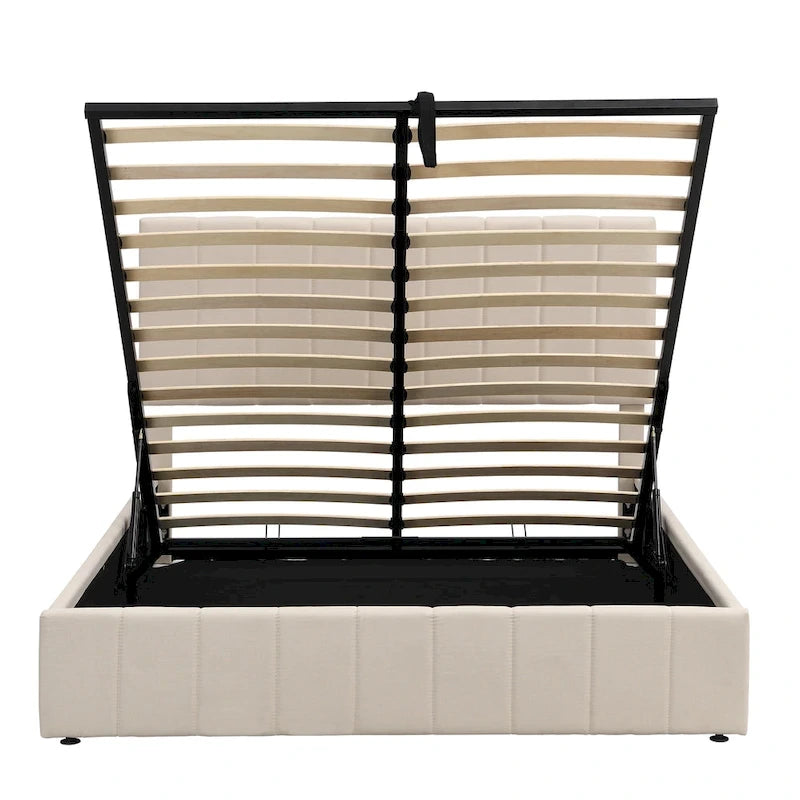 Cama Plataforma Beige Queen Tapizada con Almacenamiento Hidráulico, Capacidad para 2 Personas
