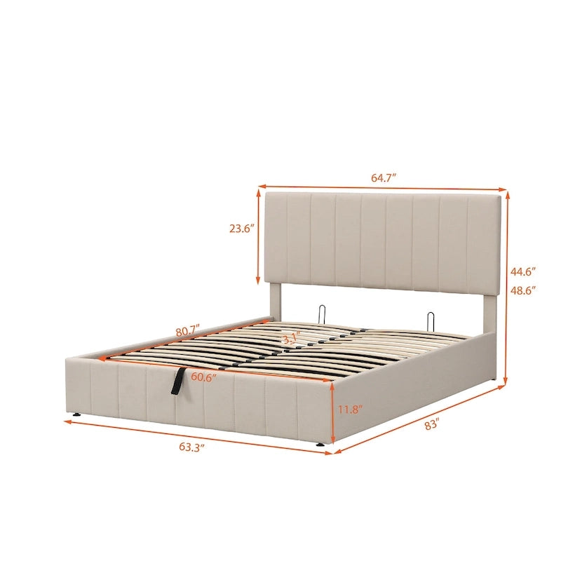 Cama Plataforma Beige Queen Tapizada con Almacenamiento Hidráulico, Capacidad para 2 Personas