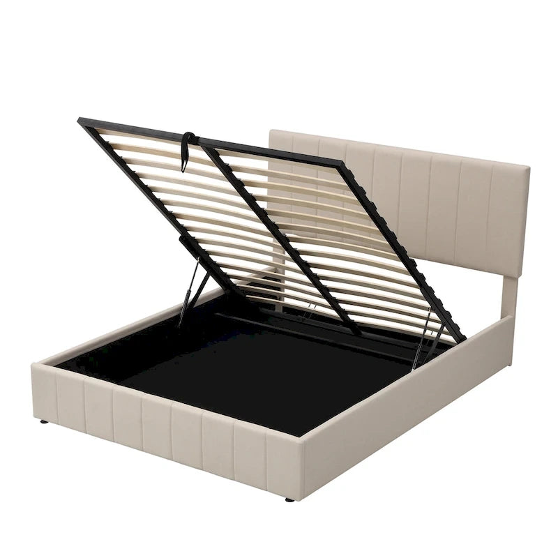 Cama Plataforma Beige Queen Tapizada con Almacenamiento Hidráulico, Capacidad para 2 Personas