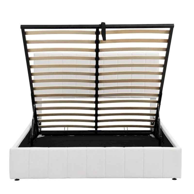 Cama Plataforma Beige Queen Tapizada con Almacenamiento Hidráulico, Capacidad para 2 Personas