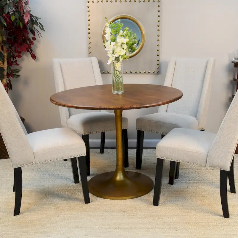 Mesa de comedor redonda con pedestal Elm / Antique Gold & Black, 4 asientos