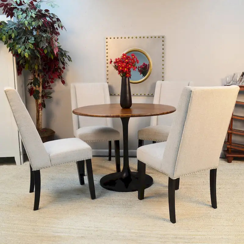 Mesa de comedor redonda con pedestal Elm / Antique Gold & Black, 4 asientos