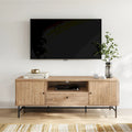 Mueble de TV marrón con puertas correderas de persiana y cajón, apto para televisores de hasta 75"