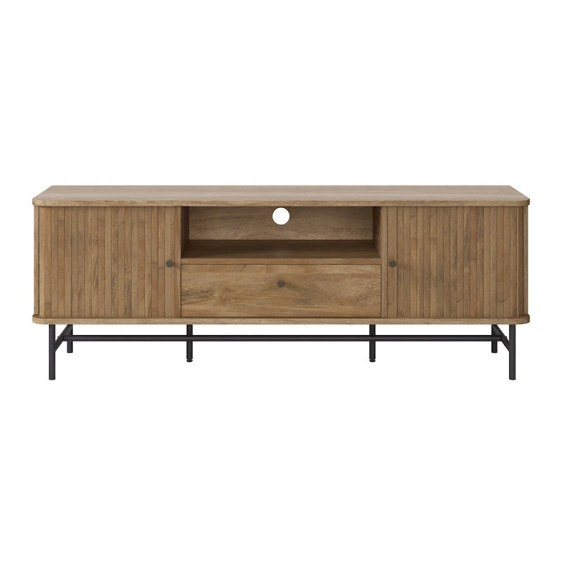 Mueble de TV marrón con puertas correderas de persiana y cajón, apto para televisores de hasta 75"