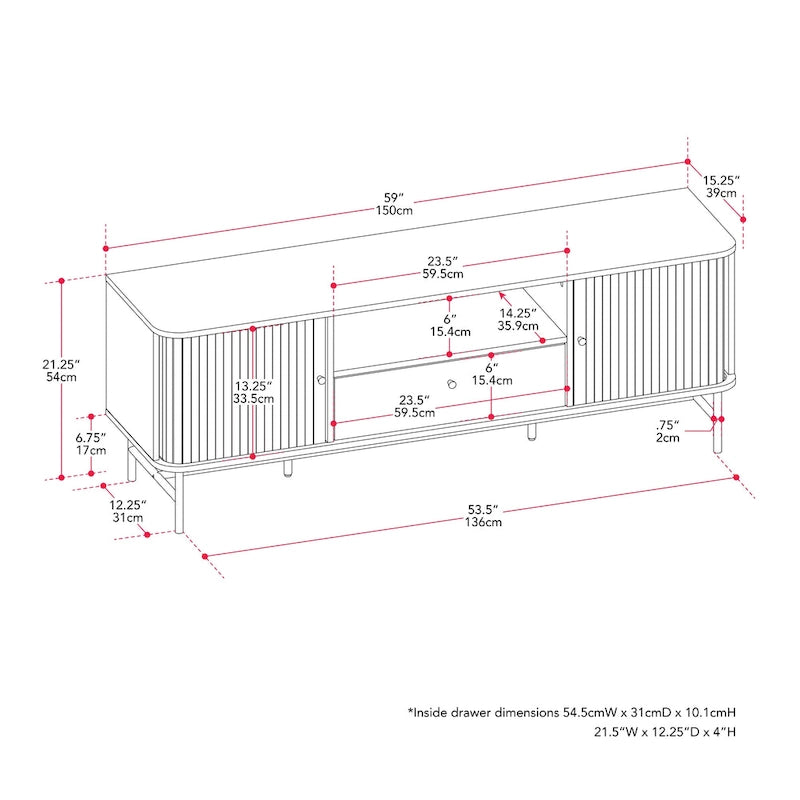 Mueble de TV marrón con puertas correderas de persiana y cajón, apto para televisores de hasta 75"