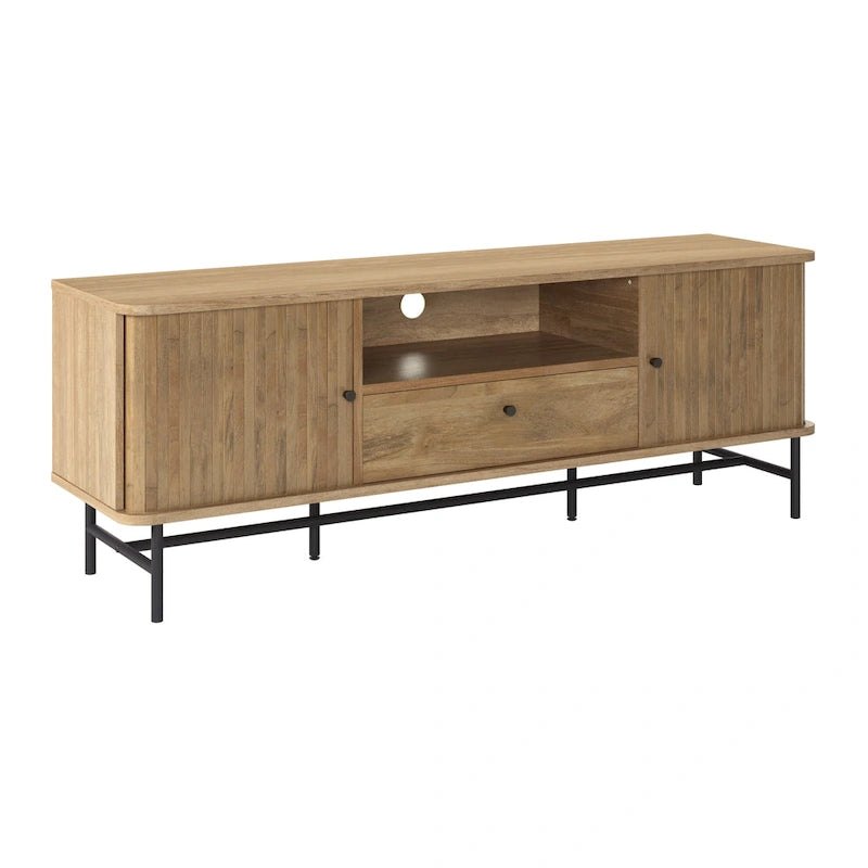 Mueble de TV marrón con puertas correderas de persiana y cajón, apto para televisores de hasta 75"