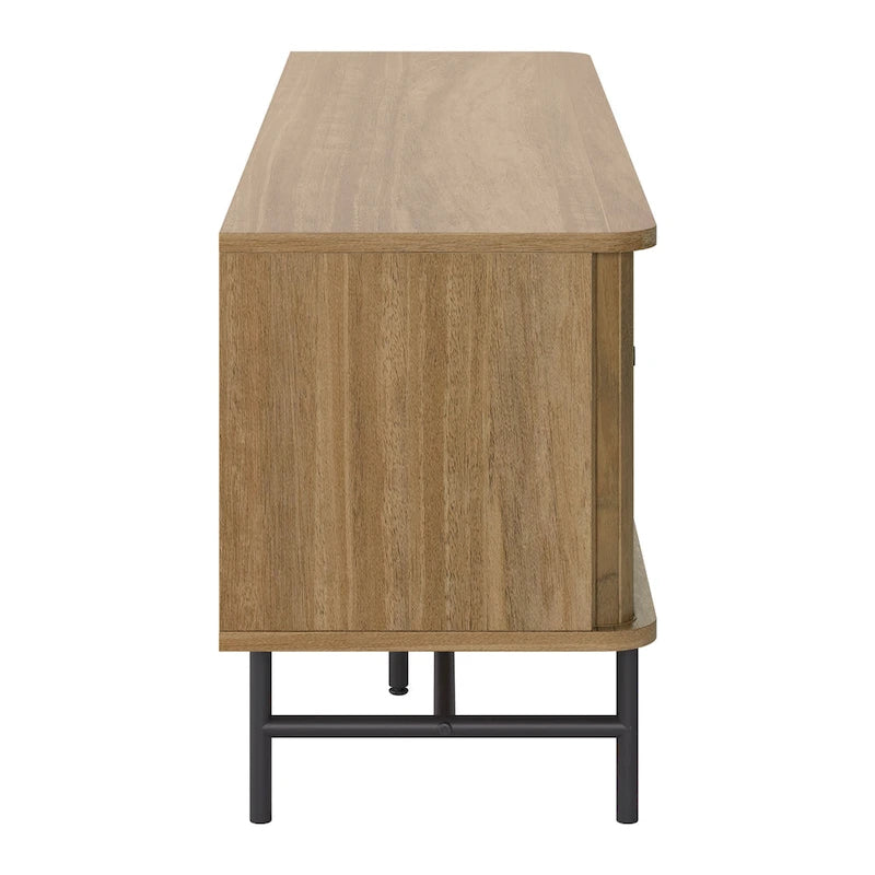 Mueble de TV marrón con puertas correderas de persiana y cajón, apto para televisores de hasta 75"