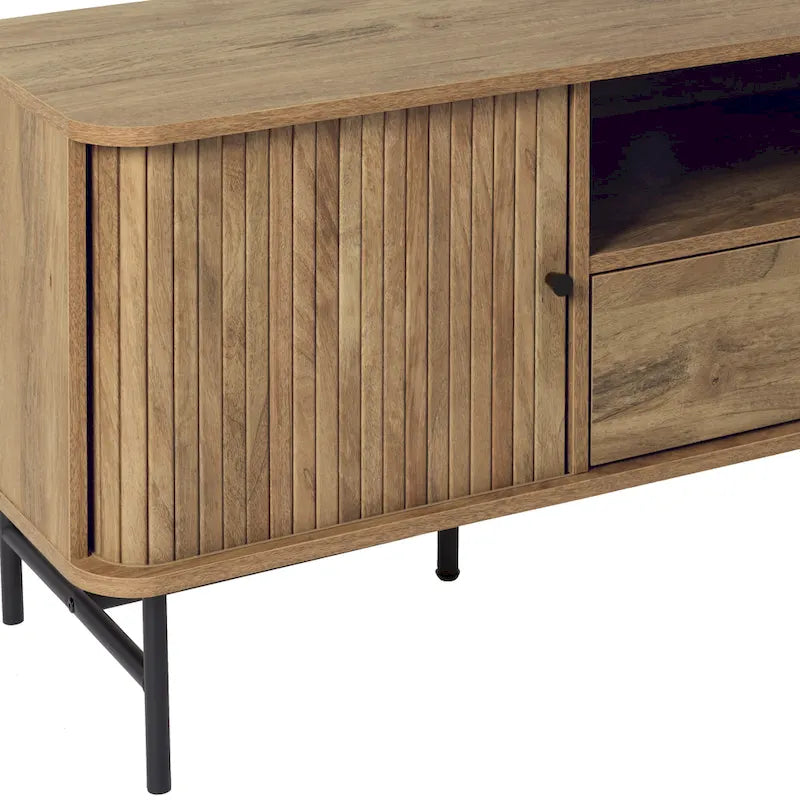 Mueble de TV marrón con puertas correderas de persiana y cajón, apto para televisores de hasta 75"
