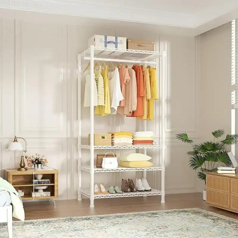Estantería para ropa de 4 niveles en blanco y negro, capacidad de 500 lb, montaje para 1 persona