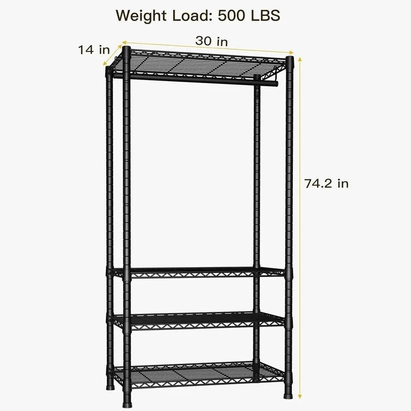 Estantería para ropa de 4 niveles en blanco y negro, capacidad de 500 lb, montaje para 1 persona