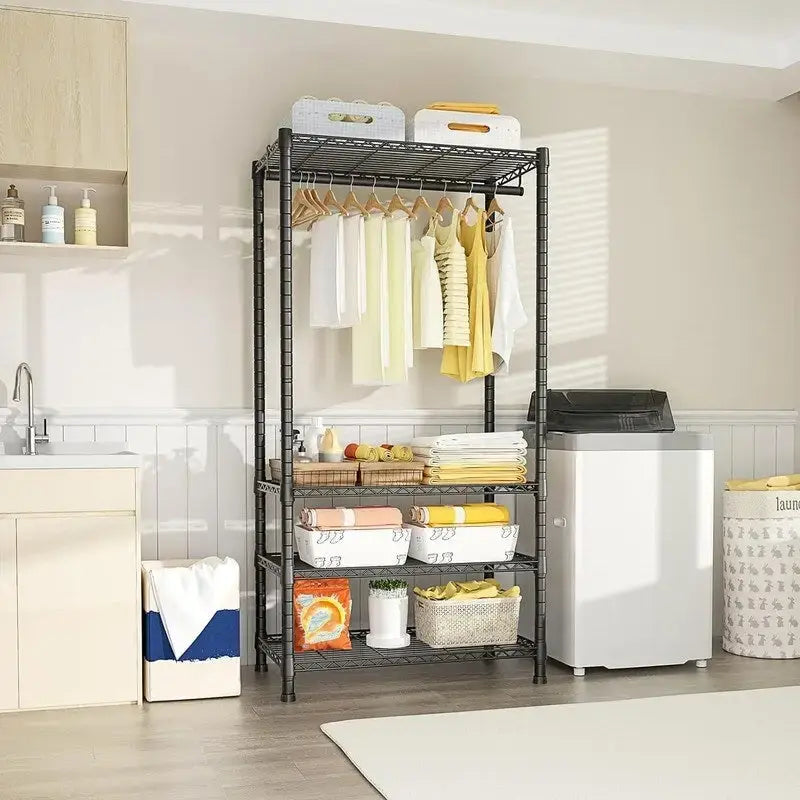 Estantería para ropa de 4 niveles en blanco y negro, capacidad de 500 lb, montaje para 1 persona