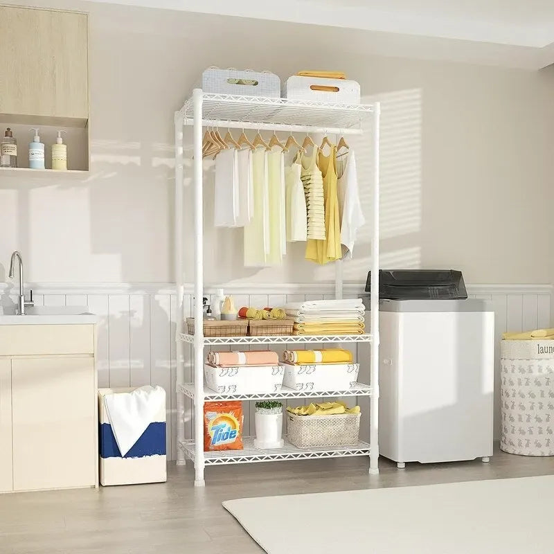 Estantería para ropa de 4 niveles en blanco y negro, capacidad de 500 lb, montaje para 1 persona