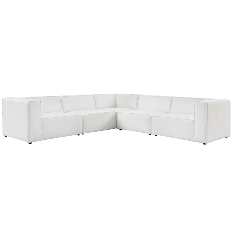Sofá seccional vegano de piel blanca/beige/gris, en forma de L, con capacidad para 5 personas