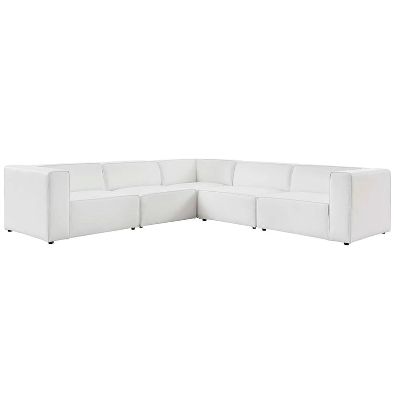 Sofá seccional vegano de piel blanca/beige/gris, en forma de L, con capacidad para 5 personas