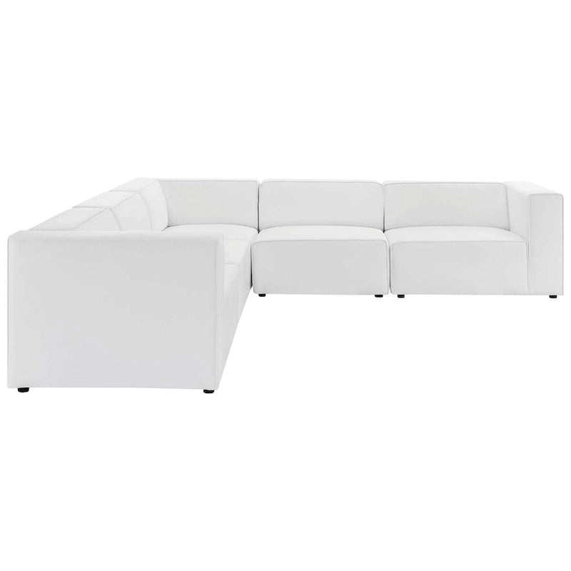Sofá seccional vegano de piel blanca/beige/gris, en forma de L, con capacidad para 5 personas