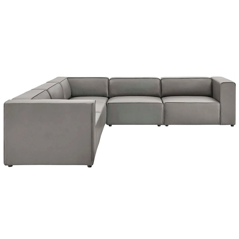 Sofá seccional vegano de piel blanca/beige/gris, en forma de L, con capacidad para 5 personas