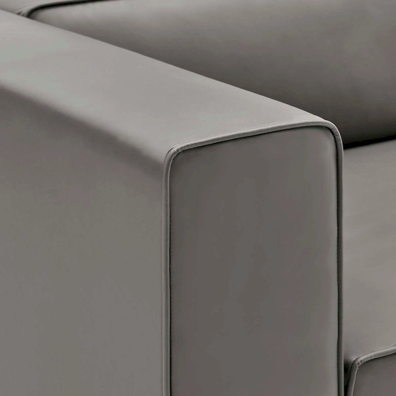 Sofá seccional vegano de piel blanca/beige/gris, en forma de L, con capacidad para 5 personas
