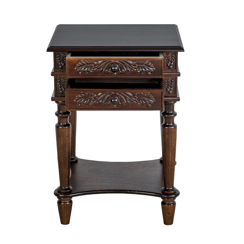 Mesa auxiliar de madera marrón de 2 cajones con estante abierto, montaje para 1 persona