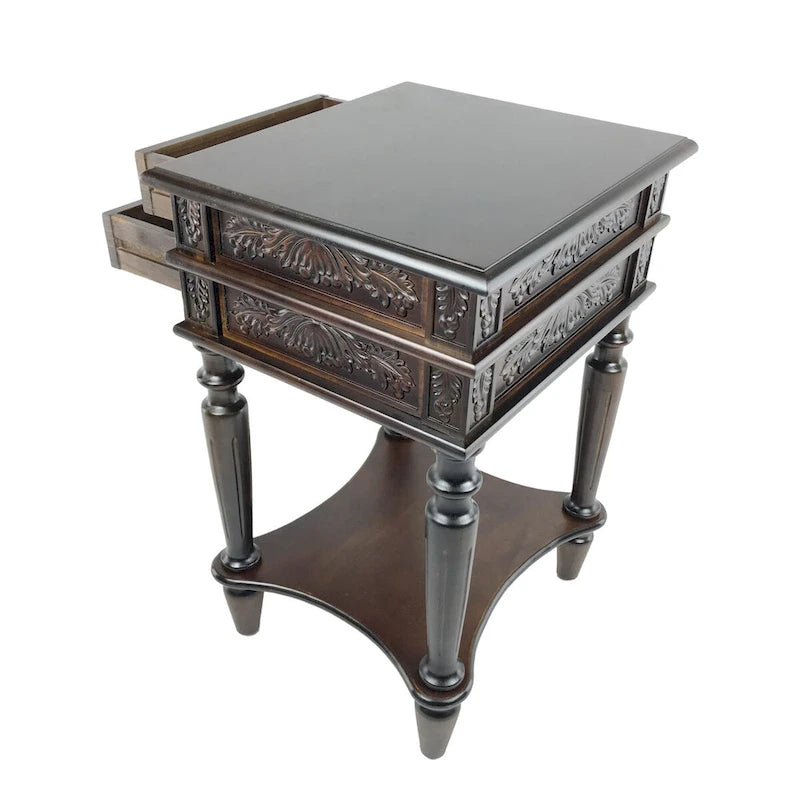 Mesa auxiliar de madera marrón de 2 cajones con estante abierto, montaje para 1 persona