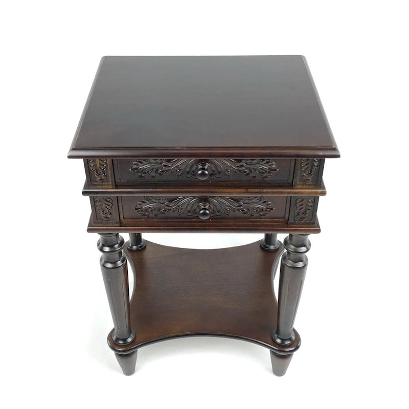 Mesa auxiliar de madera marrón de 2 cajones con estante abierto, montaje para 1 persona
