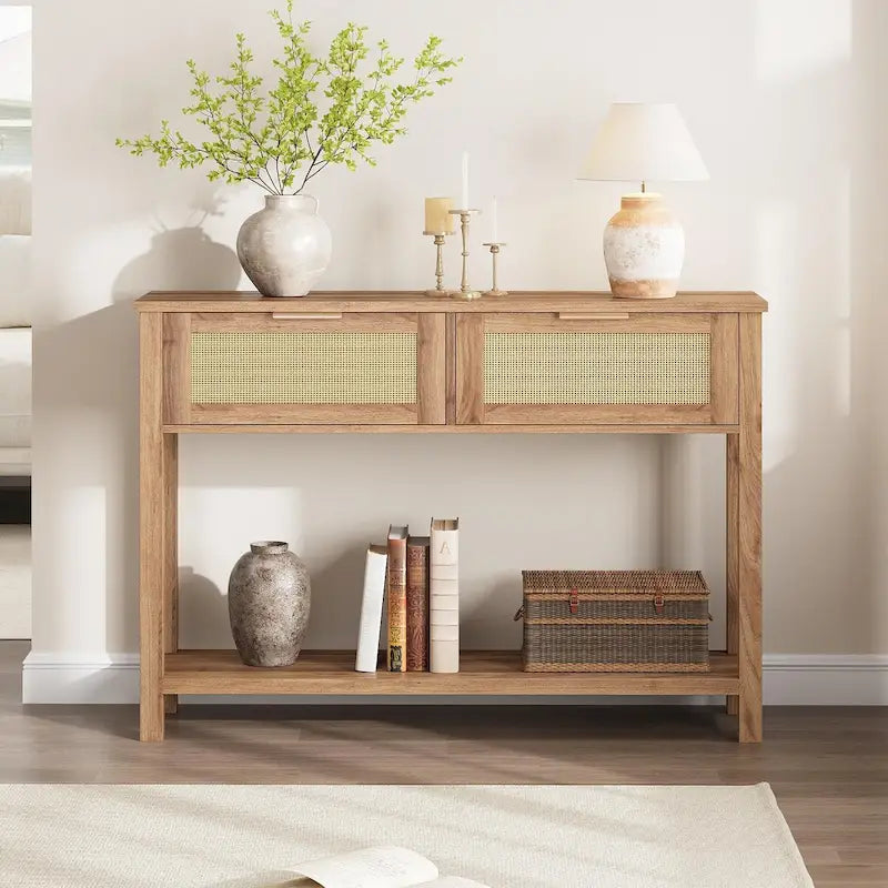 Mesa consola de ratán marrón/natural con 2 cajones, montaje para 1 persona