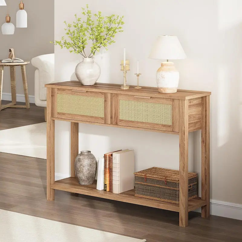 Mesa consola de ratán marrón/natural con 2 cajones, montaje para 1 persona
