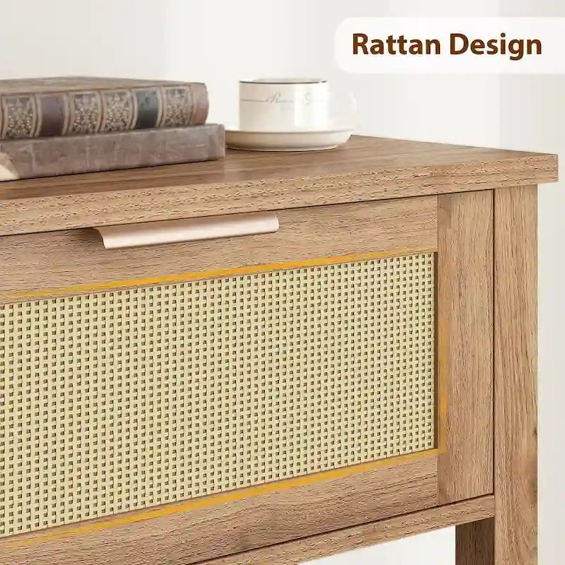 Mesa consola de ratán marrón/natural con 2 cajones, montaje para 1 persona