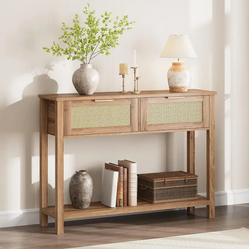 Mesa consola de ratán marrón/natural con 2 cajones, montaje para 1 persona