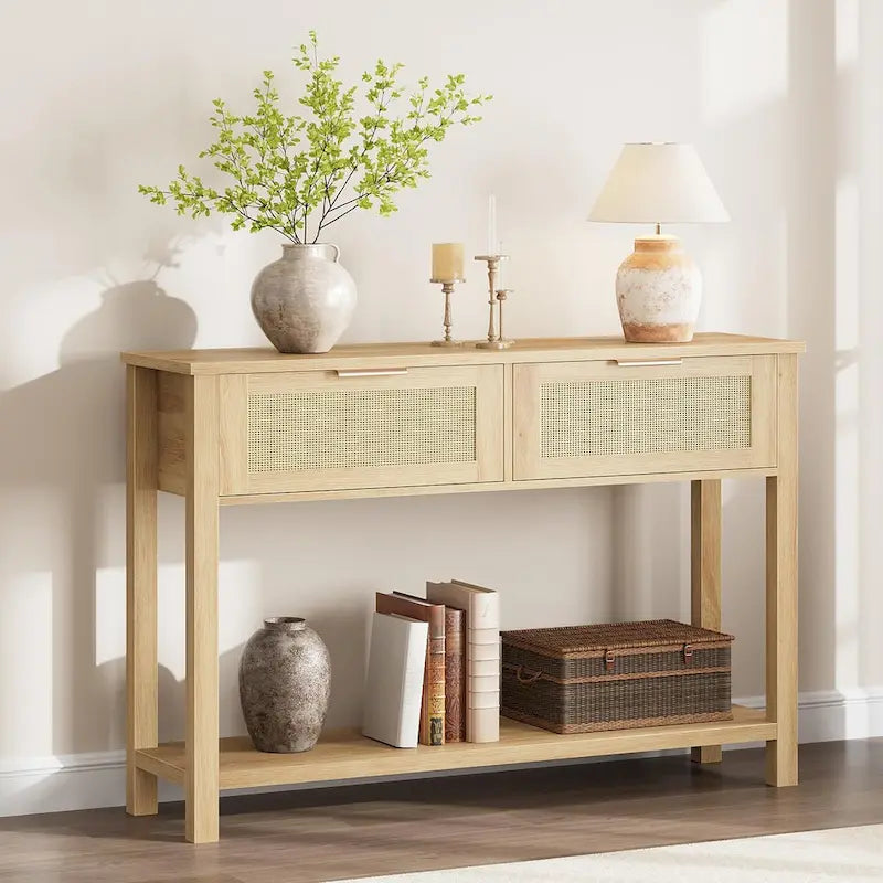 Mesa consola de ratán marrón/natural con 2 cajones, montaje para 1 persona