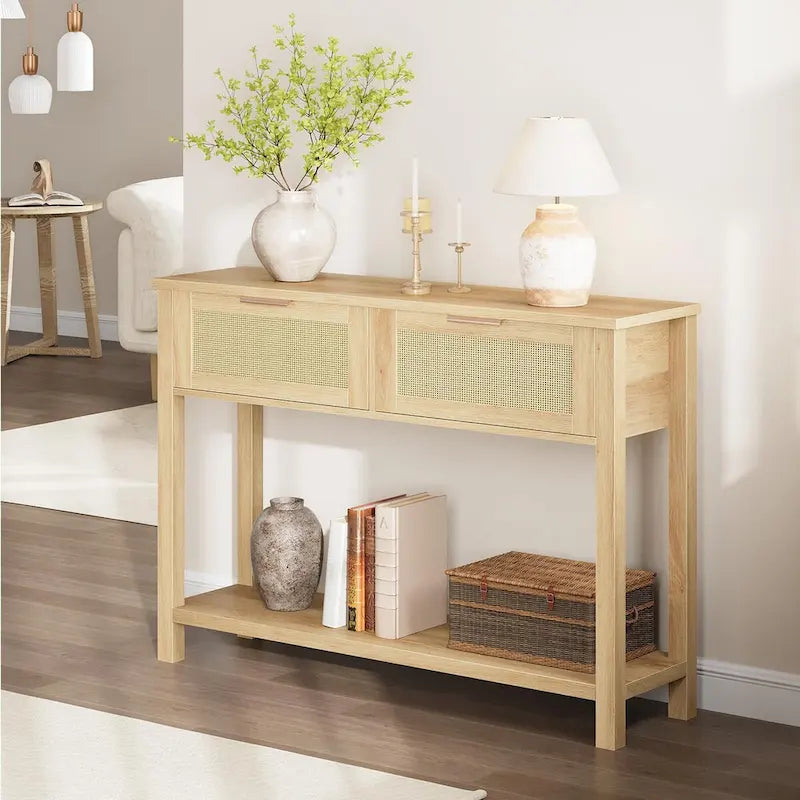 Mesa consola de ratán marrón/natural con 2 cajones, montaje para 1 persona