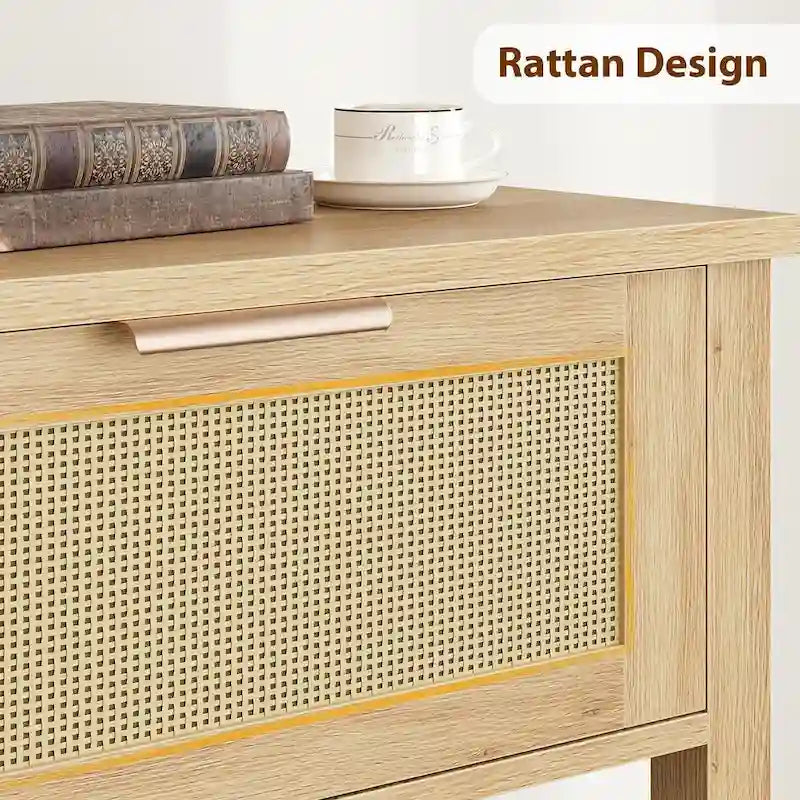 Mesa consola de ratán marrón/natural con 2 cajones, montaje para 1 persona
