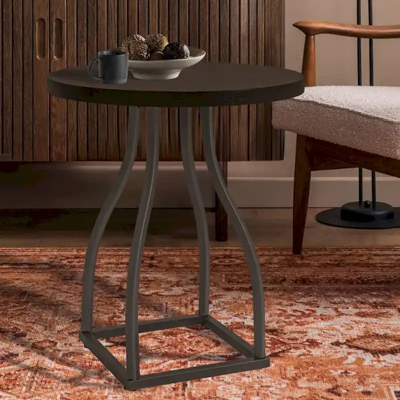 Mesa auxiliar redonda con acento – Marrón / Ocre / Blanco Lavado, Base de metal