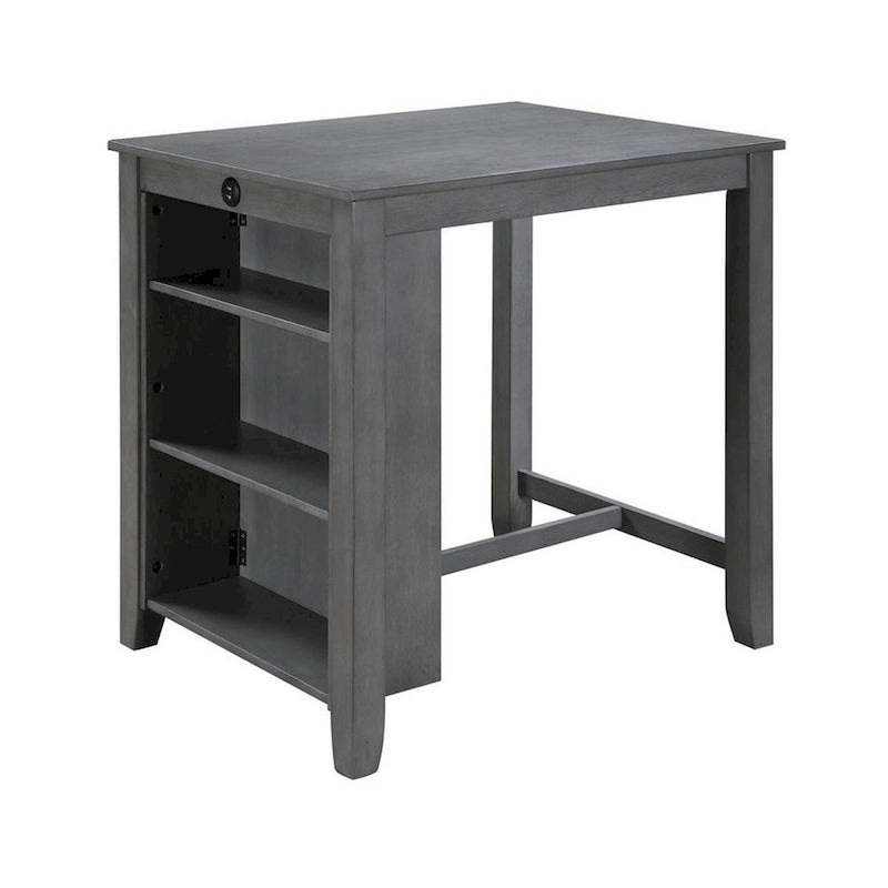 Mesa de comedor alta gris con estantes y puerto USB, capacidad para 2-4 personas