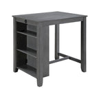 Mesa de comedor alta gris con estantes y puerto USB, capacidad para 2-4 personas