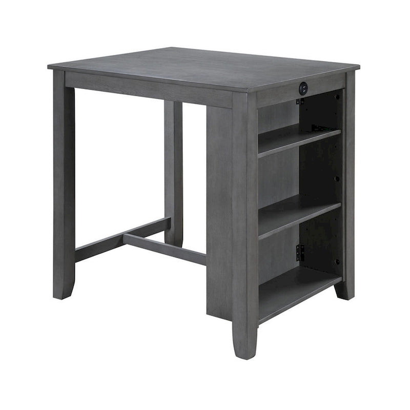 Mesa de comedor alta gris con estantes y puerto USB, capacidad para 2-4 personas