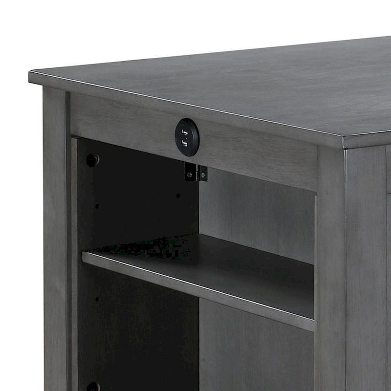 Mesa de comedor alta gris con estantes y puerto USB, capacidad para 2-4 personas