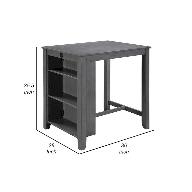 Mesa de comedor alta gris con estantes y puerto USB, capacidad para 2-4 personas