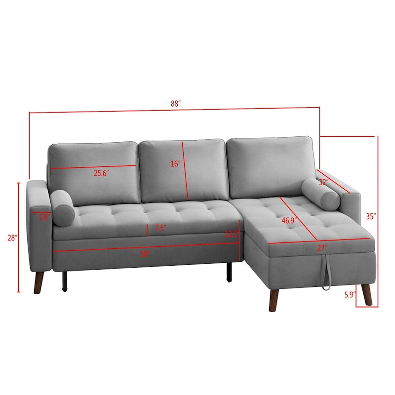 Sofá cama seccional en forma de L verde/gris con chaise de almacenamiento, capacidad para 3-4 personas