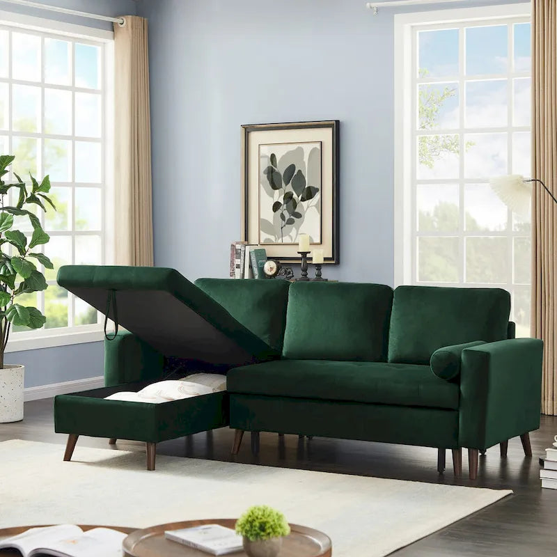 Sofá cama seccional en forma de L verde/gris con chaise de almacenamiento, capacidad para 3-4 personas